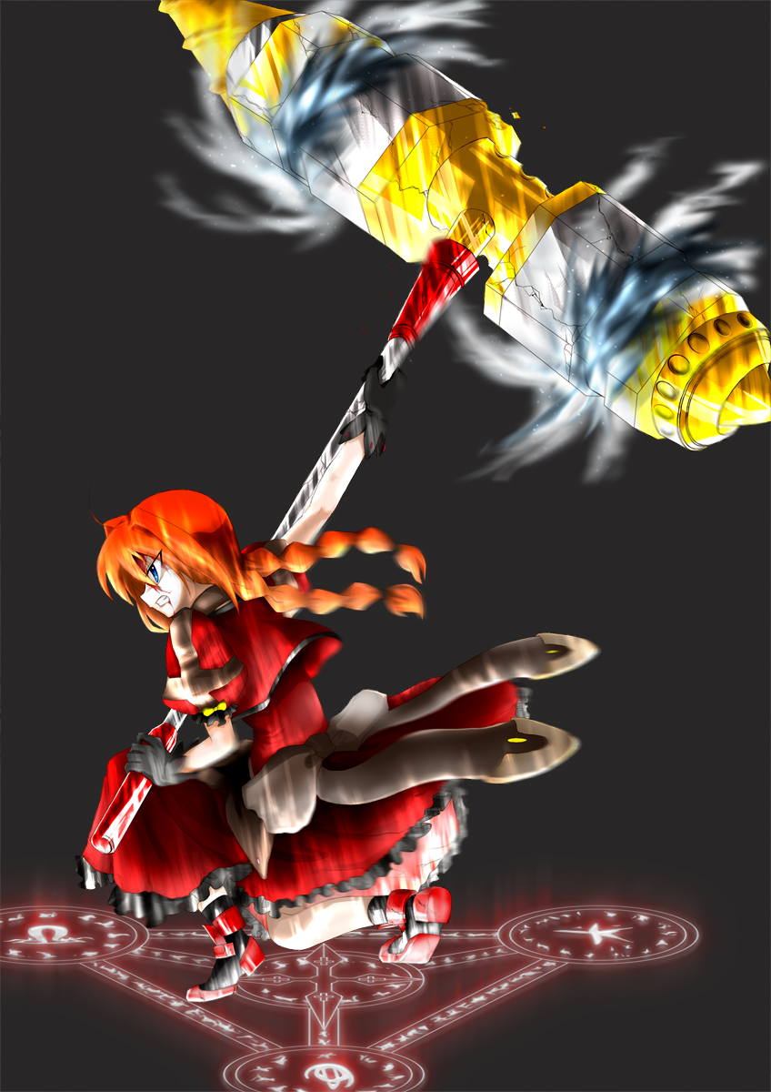 minatsuki randoseru, graf eisen, vita (nanoha), lyrical nanoha, mahou shoujo lyrical nanoha, mahou shoujo lyrical nanoha a's, mahou shoujo lyrical nanoha strikers, highres, 00s, 1girl, ahoge, bleeding, blood, blood on face, blue eyes, braid, child, clenched teeth, damaged, drill, female focus, gloves, hammer, jacket, magic circle, magical girl, open clothes, open jacket, red hair, solo, teeth, twin braids