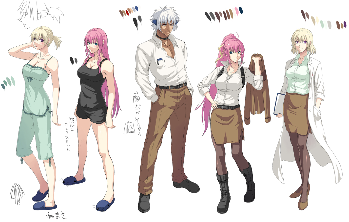 nakayama yukiji, shamal, signum, zafira, lyrical nanoha, mahou shoujo lyrical nanoha strikers, 00s, 1boy, 2girls, blonde hair, blue eyes, blush, lab coat, long hair, multiple girls, pajamas, pantyhose, pencil skirt, pink hair, ponytail, purple eyes, short hair, skirt, sleeves rolled up, slippers