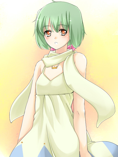 nakamura kusata, ranka lee, macross, macross frontier, 00s, 1girl, ahoge, blush, dress, female focus, flat chest, gradient background, green hair, jewelry, necklace, orange eyes, scarf, short hair, solo