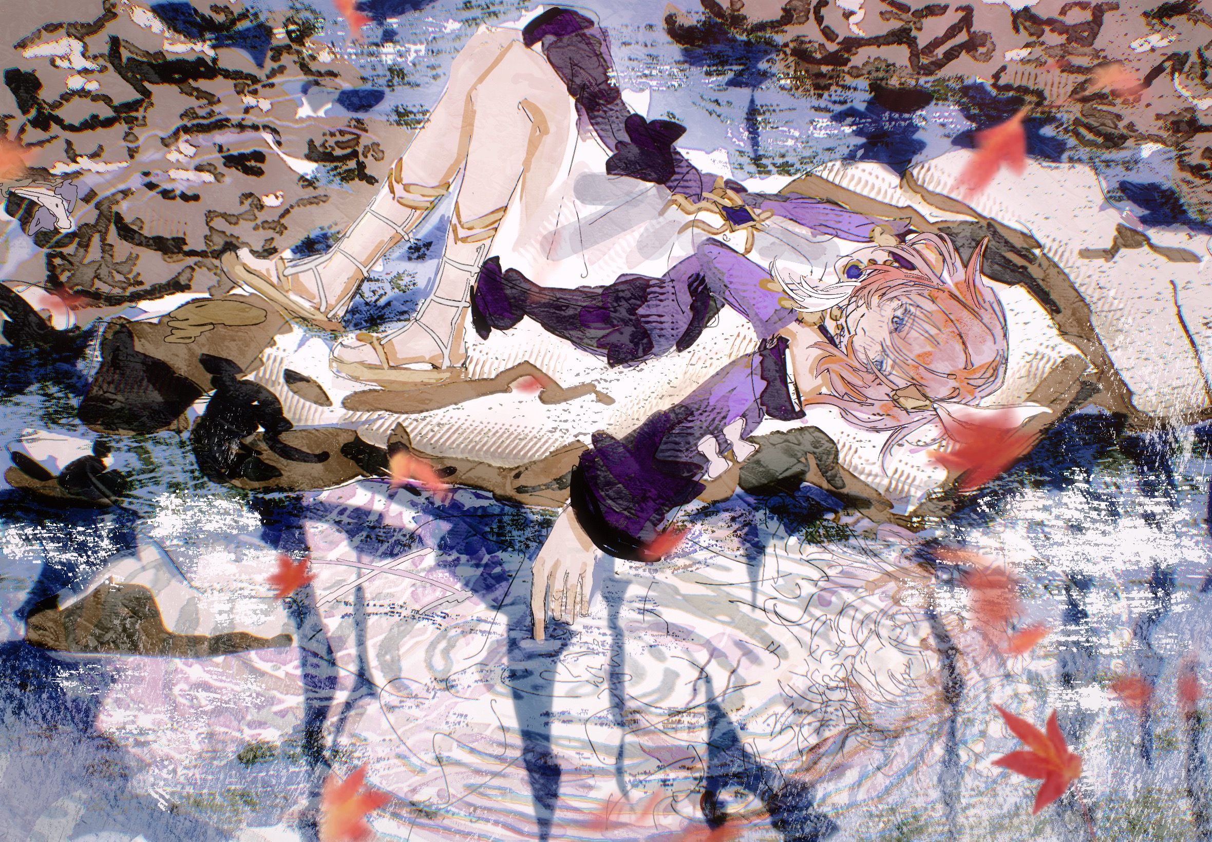 cyrene (honkai: star rail), honkai: star rail, honkai (series), commentary request, highres, 1girl, blue eyes, coat, dress, jewelry, lying, multicolored hair, necklace, on back, outdoors, pink hair, purple coat, reflection, reflective water, sandals, short hair, sin 1n1, solo, two-tone hair, water, white dress, white hair
