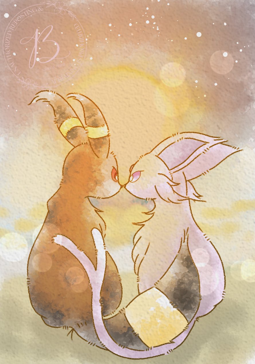 baya (sakura mint), espeon, umbreon, nintendo, pokemon, highres, animal focus, black fur, colored sclera, forehead jewel, forked tail, full body, gem, gen 2 pokemon, looking at another, no humans, pokemon (creature), pokemon focus, purple eyes, purple fur, purple sclera, red eyes, red gemstone, red sclera, tail