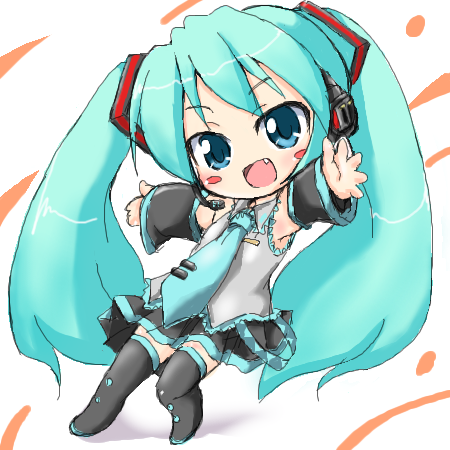 kojima tsuma, hatsune miku, vocaloid, lowres, aqua eyes, aqua hair, armpits, boots, chibi, detached sleeves, fang, headphones, long hair, miniskirt, necktie, outstretched arms, shadow, simple background, skirt, solo, spread arms, standing, thigh boots, thighhighs, twintails