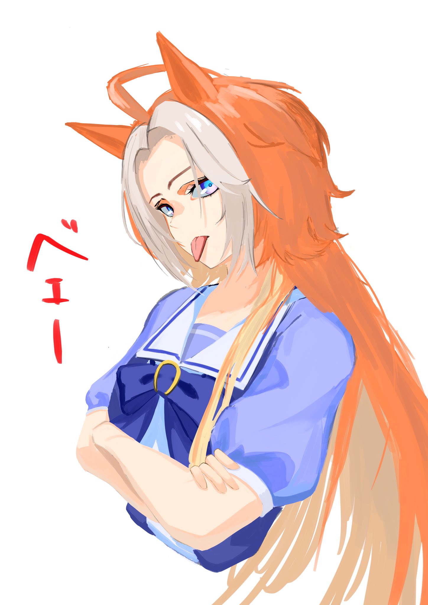 3333iyasy, orfevre (umamusume), umamusume, highres, ahoge, animal ears, blue eyes, bow, crossed arms, horse ears, horse girl, long hair, multicolored hair, orange hair, puffy short sleeves, puffy sleeves, purple bow, purple serafuku, purple shirt, sailor collar, sailor shirt, school uniform, serafuku, shirt, short sleeves, simple background, tongue, tongue out, tracen school uniform, two-tone hair, upper body, white hair, white sailor collar