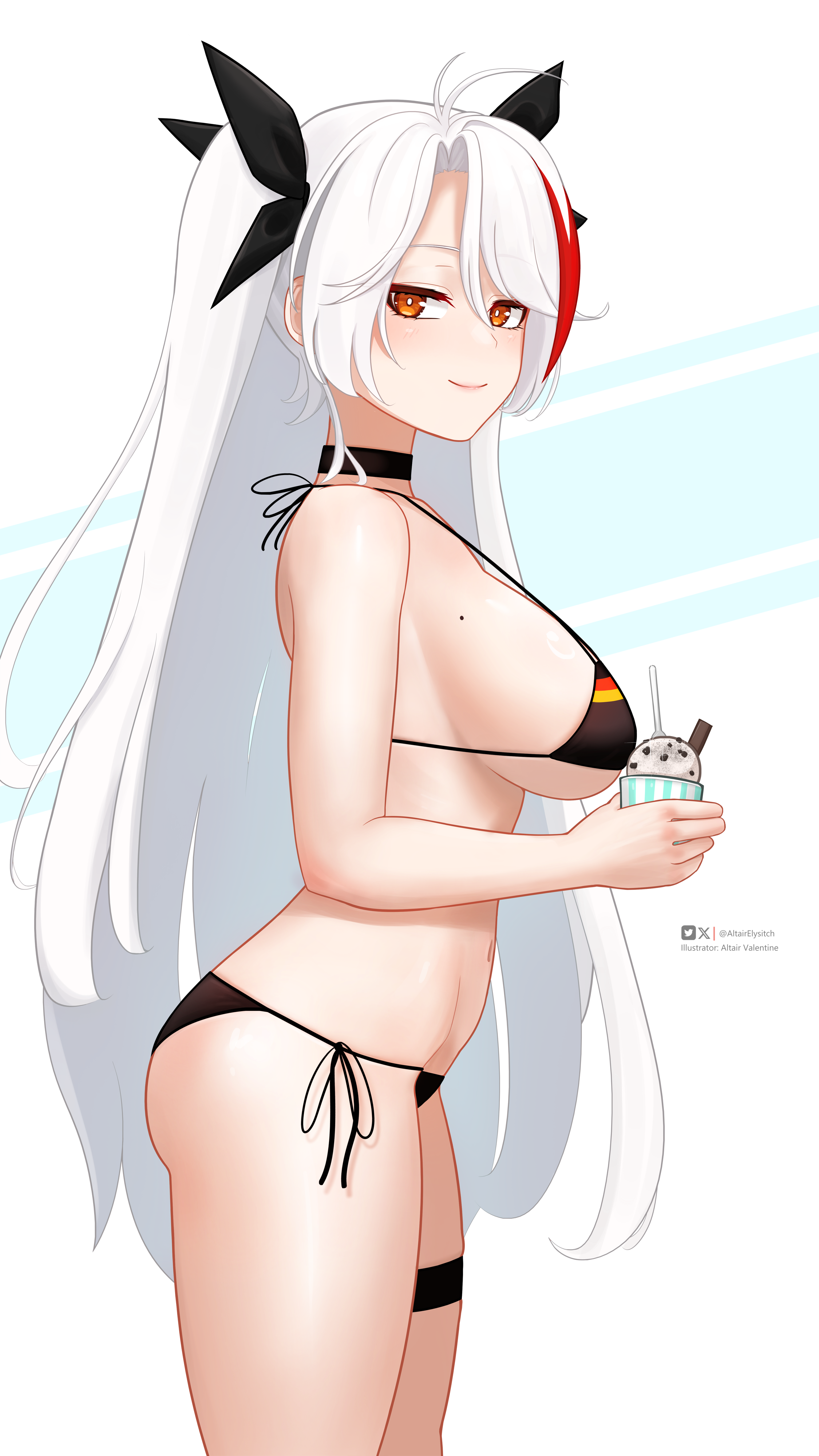 blackwellkarsferatu, prinz eugen (azur lane), prinz eugen (unfading smile) (azur lane), azur lane, absurdres, commentary, english commentary, highres, 1girl, bikini, black bikini, black choker, breasts, choker, closed mouth, food, holding, holding food, ice cream, large breasts, looking at viewer, looking to the side, mole, mole on breast, orange eyes, panties, side-tie panties, sideboob, smile, solo, swimsuit, thigh strap, underwear, white background, white hair