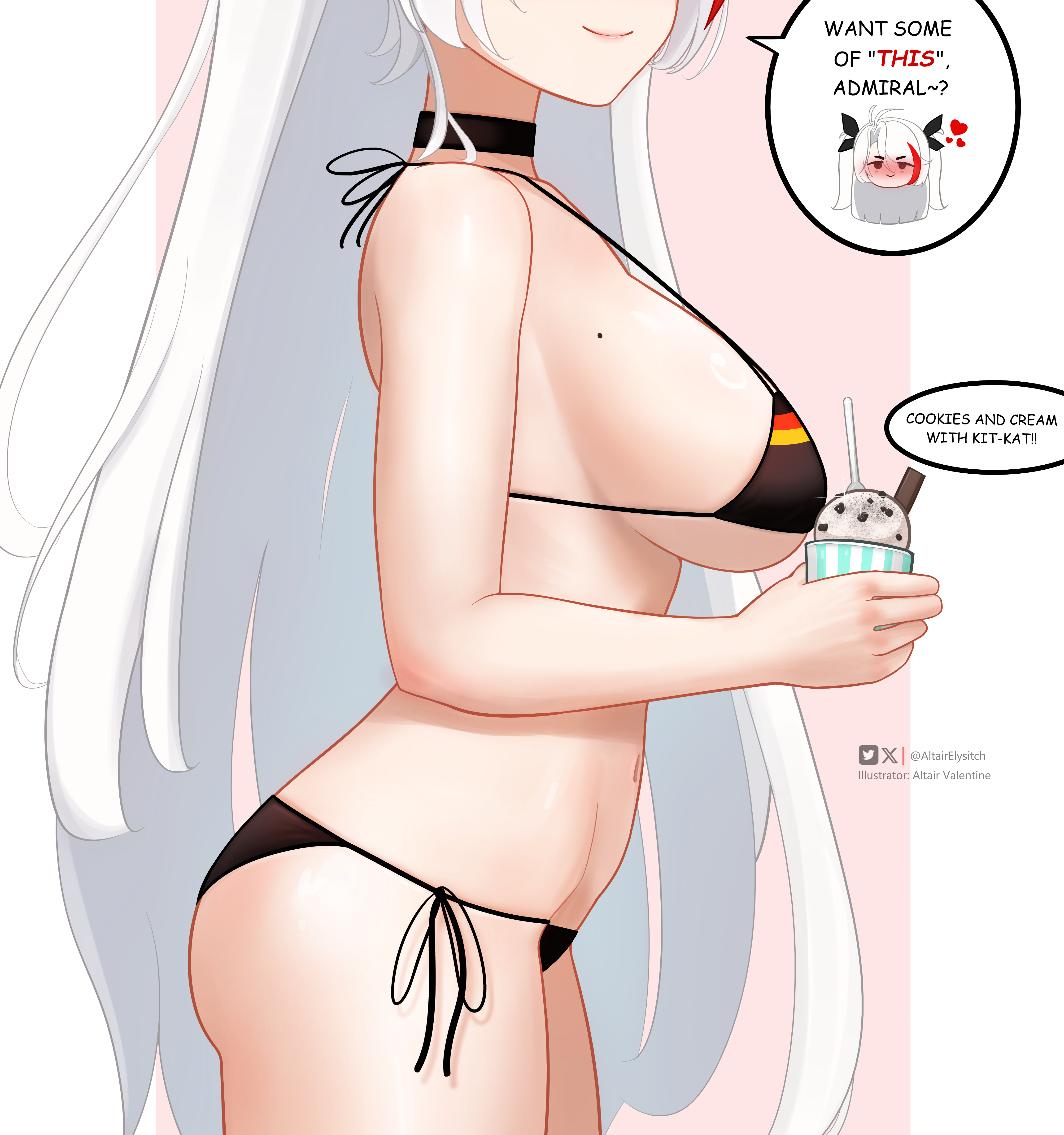 blackwellkarsferatu, prinz eugen (azur lane), prinz eugen (unfading smile) (azur lane), azur lane, absurdres, commentary, english commentary, highres, 1girl, artist name, bikini, black bikini, black choker, breasts, choker, closed mouth, english text, food, holding, holding food, ice cream, large breasts, mole, mole on breast, sideboob, smile, solo, swimsuit, thigh strap, white background, white hair