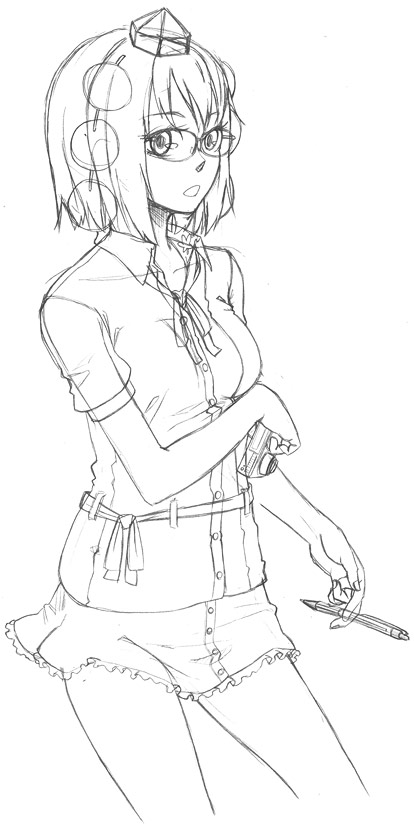 itsutsu, shameimaru aya, touhou, 1girl, bespectacled, camera, female focus, glasses, greyscale, hat, mechanical pencil, monochrome, pencil, sketch, skirt, solo, white background