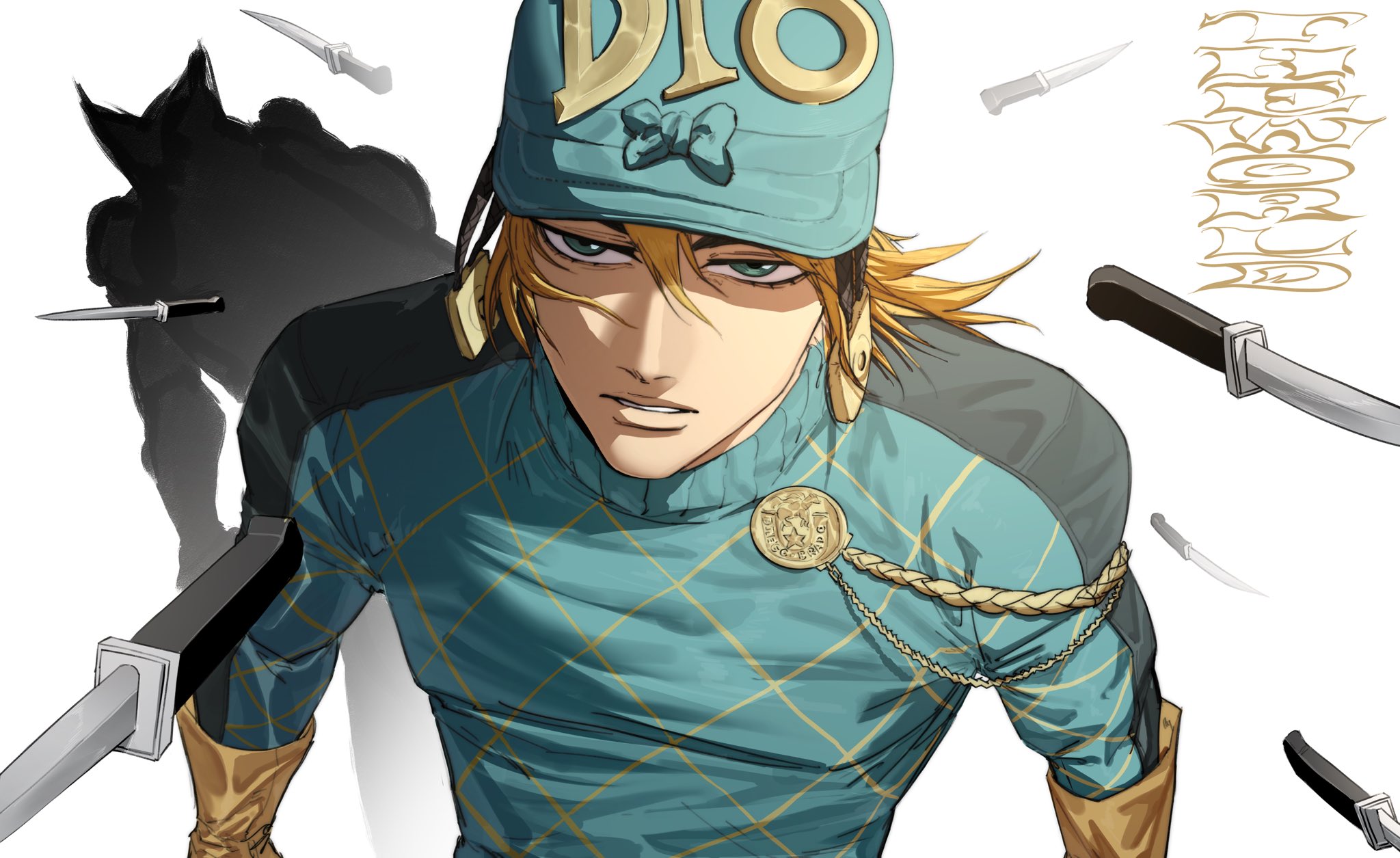 omegaa 7, diego brando, the world, jojo no kimyou na bouken, steel ball run, highres, 1boy, argyle clothes, argyle sweater, blonde hair, green shirt, hat, knife, shirt, stand (jojo), sweater
