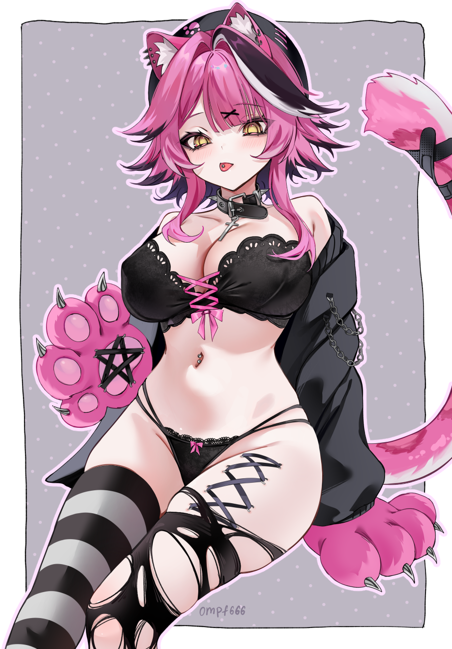 ompf, raora panthera, hololive, hololive english, highres, 1girl, animal ear piercing, animal ears, animal hands, artist name, bandaid on tail, belt, belt collar, beret, black belt, black bra, black choker, black collar, black hat, black jacket, black panties, black ribbon, black thighhighs, blush, border, bow, bow panties, bra, breasts, cat paws, choker, collar, collarbone, colored tips, cross, cross necklace, gloves, goth fashion, grey background, hair ornament, hairclip, hat, jacket, jewelry, large breasts, leg piercing, long sleeves, looking at viewer, medium hair, mismatched thighhighs, multicolored hair, navel, navel piercing, necklace, open clothes, open jacket, panther ears, panther girl, panther tail, panties, paw gloves, paw print, piercing, pink bow, pink gloves, pink hair, pink ribbon, pink tail, polka dot, polka dot background, ribbon, sitting, solo, spiked choker, spikes, star (symbol), stomach, streaked hair, striped clothes, striped thighhighs, tail, thighhighs, thighs, tongue, tongue out, tongue piercing, torn clothes, torn thighhighs, twitter username, underwear, virtual youtuber, white background, white border, white hair, yellow eyes