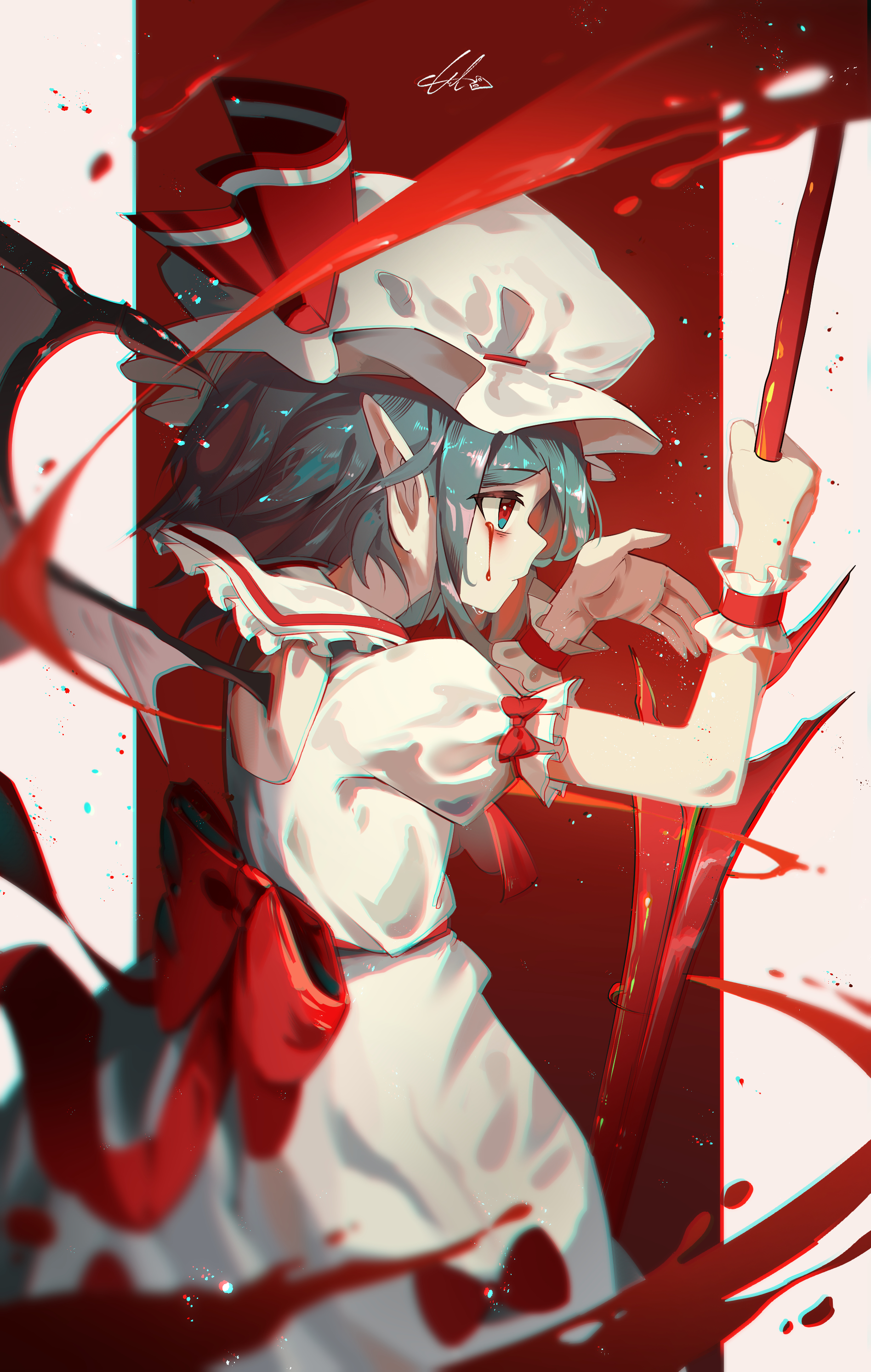ycl 060, remilia scarlet, touhou, absurdres, highres, 1girl, artist name, bat wings, blood, blood drip, blood on face, bloody tears, bow, closed mouth, collar, collared dress, crying, crying with eyes open, dress, frilled collar, frilled cuffs, frilled sleeves, frills, frown, hat, hat ribbon, holding, holding polearm, holding weapon, mob cap, pointy ears, polearm, puffy short sleeves, puffy sleeves, purple hair, red bow, red eyes, red ribbon, ribbon, short hair, short sleeves, signature, solo, spear the gungnir, tears, waist bow, weapon, white dress, white hat, wings, wrist cuffs