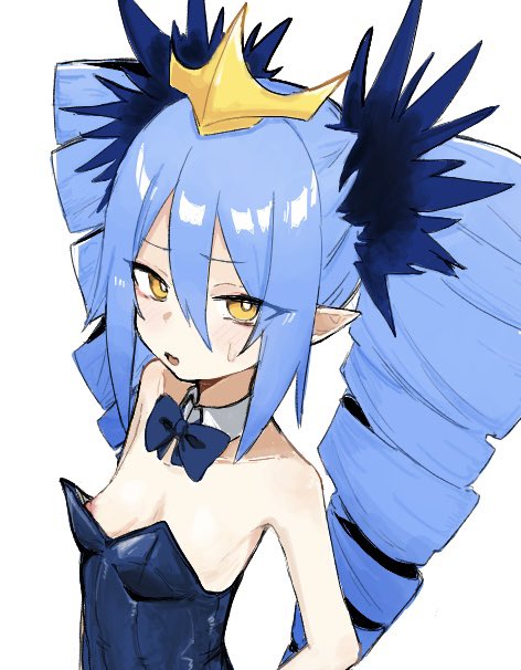 fami miminmin, lewisia aquablue, bombergirl, 1girl, bare shoulders, blue bow, blue bowtie, blue hair, blue leotard, bow, bowtie, breasts, bright pupils, collar, collarbone, crown, detached collar, drill hair, hair between eyes, leotard, long hair, looking at viewer, nipple slip, nipples, open mouth, oversized breast cup, playboy bunny, pointy ears, simple background, small breasts, solo, strapless, strapless leotard, sweatdrop, twin drills, twintails, upper body, white background, white collar, white pupils, yellow eyes