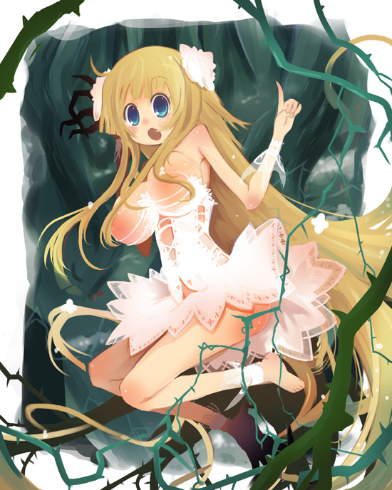 kawahara megumi, original, bad id, bad pixiv id, blonde hair, blue eyes, breasts, cleavage, dress, huge breasts, long hair, open mouth, solo, thorns