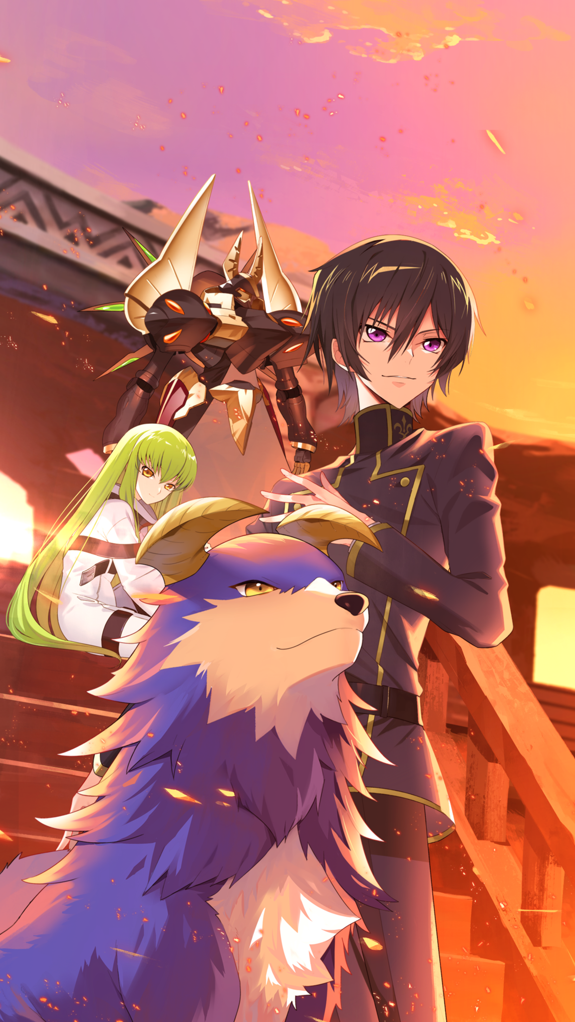 c.c., lelouch vi britannia, tiger (monster farm), code geass, collaboration works, line: monster farm, monster farm, official art, 1boy, 1girl, black hair, green hair, gwain (monster farm), joker (monster farm), purple eyes, yellow eyes