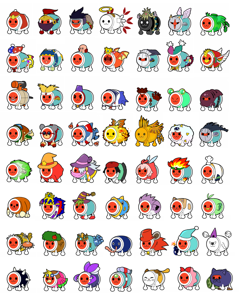 hoshikuzu stella, adeleine, chef kawasaki, chuchu (kirby), coo (kirby), dark meta knight, daroach, drawcia, gobbler (kirby), kine (kirby), king dedede, kirby, kracko, magolor, marx (kirby), marx (true form) (kirby), marx soul, meta knight, nago (kirby), pitch (kirby), ribbon (kirby), rick (kirby), wada don, whispy woods, zero two (kirby), kirby's dream land 3, kirby: canvas curse, kirby: squeak squad, kirby (series), kirby 64, nintendo, taiko no tatsujin, character request, highres, :3, adeleine (cosplay), animal ears, apple, beret, black hair, blonde hair, bomb, bow, cape, cat ears, chef hat, chef kawasaki (cosplay), chuchu (kirby) (cosplay), coo (kirby) (cosplay), cosplay, crown, dark meta knight (cosplay), daroach (cosplay), drawcia (cosplay), explosive, fake animal ears, food, fruit, gobbler (kirby) (cosplay), goggles, green hair, hair over one eye, halo, hat, kine (kirby) (cosplay), king dedede (cosplay), kracko (cosplay), magolor (cosplay), marx (kirby) (cosplay), marx (true form) (kirby) (cosplay), marx soul (cosplay), meta knight (cosplay), mouse ears, nago (kirby) (cosplay), pink hair, pitch (kirby) (cosplay), red bow, red cape, ribbon (kirby) (cosplay), rick (kirby) (cosplay), sailor collar, sharp teeth, sunglasses, swim ring, teeth, tongue, tongue out, whispy woods (cosplay), wings, witch hat, zero two (kirby) (cosplay)