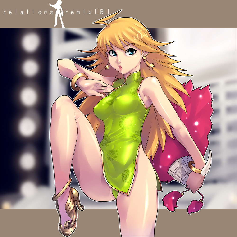 ban! (bansankan), hoshii miki, idolmaster, idolmaster (classic), idolmaster 1, bad id, bad pixiv id, 00s, 1girl, ahoge, bare shoulders, blonde hair, blue eyes, china dress, chinese clothes, dress, earrings, feather fan, female focus, folding fan, gold shoes, green panties, hand fan, holding, holding fan, jewelry, leg lift, long hair, outline, outside border, panties, pantyshot, shoes, solo, underwear
