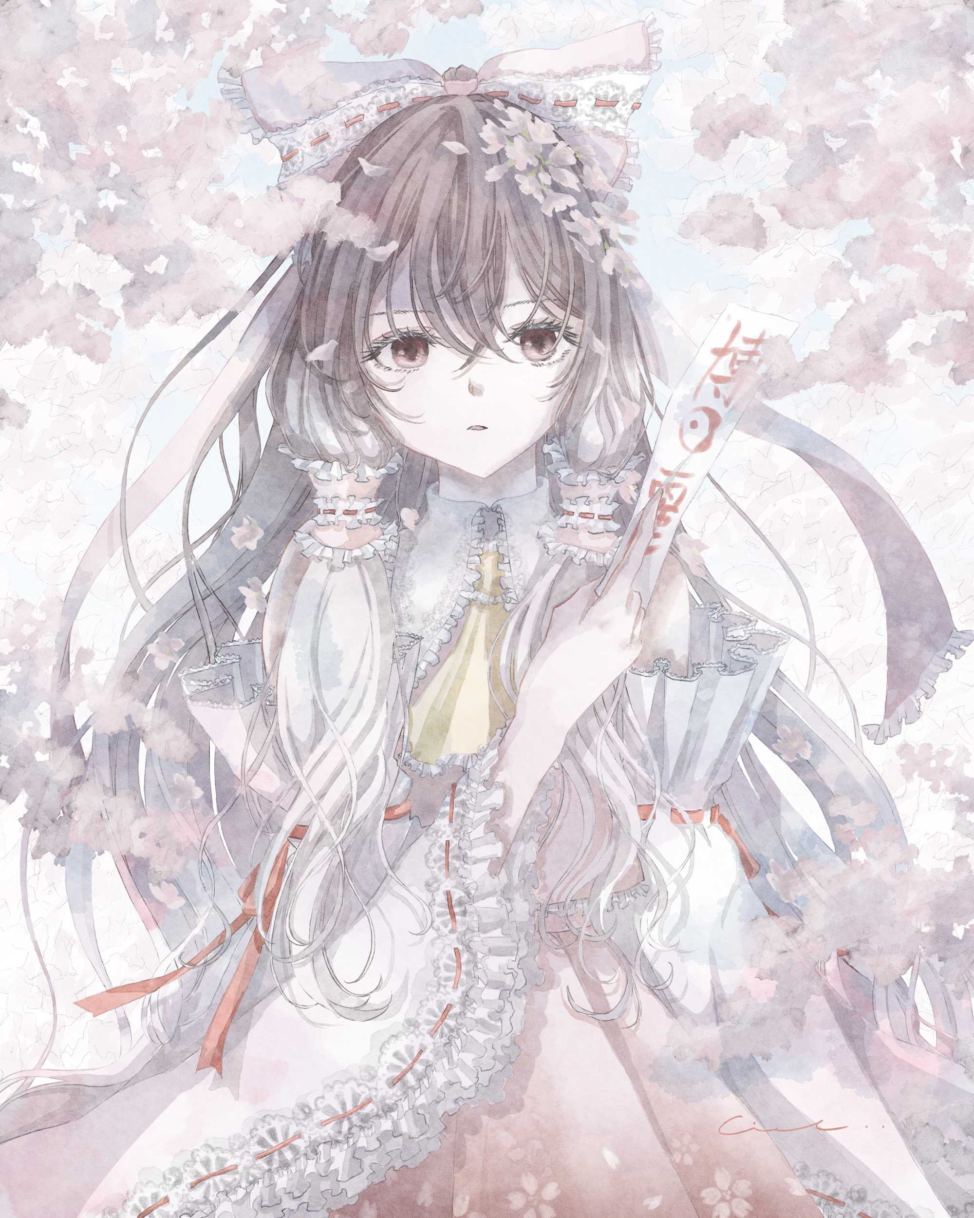 ciel (user nudd7532), hakurei reimu, touhou, absurdres, commentary request, highres, 1girl, ascot, bow, brown hair, cherry blossom print, cherry blossoms, collar, cowboy shot, detached sleeves, falling petals, floral print, flower, frilled ascot, frilled bow, frilled collar, frilled hair tubes, frilled sleeves, frills, hair bow, hair flower, hair ornament, hair tubes, holding, holding ofuda, long hair, looking at viewer, ofuda, parted lips, petals, pink background, red bow, red eyes, red ribbon, red shirt, red skirt, ribbon, ribbon-trimmed sleeves, ribbon trim, shirt, sidelocks, skirt, solo, yellow ascot, yin yang