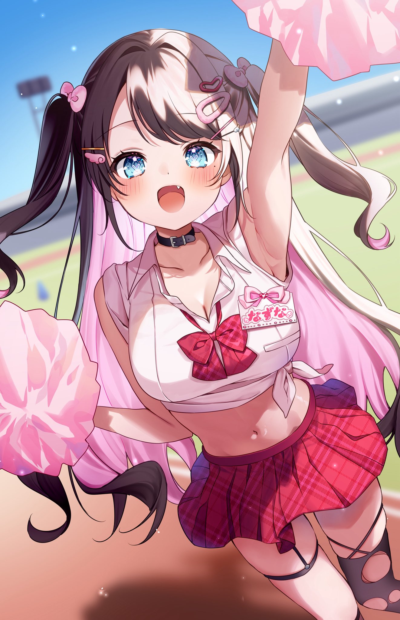 pome charo, kaga nazuna, lupinus virtual games, vspo!, highres, 1girl, blue eyes, breasts, brown hair, large breasts, pink hair, pom pom (cheerleading), red skirt, skirt, solo