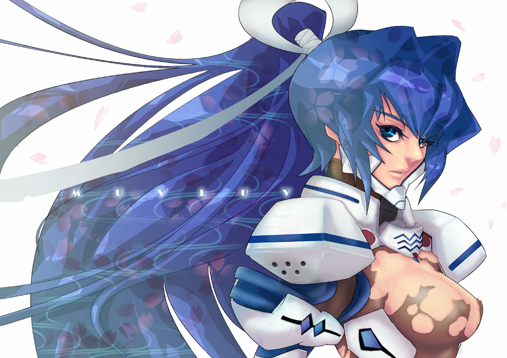 ban! (bansankan), mitsurugi meiya, muv-luv, pilot suit, bad id, bad pixiv id, 1girl, armor, blue eyes, blue hair, bodysuit, breasts, cherry blossoms, convenient censoring, copyright name, female focus, from side, hair intakes, hair ribbon, high ponytail, large breasts, long hair, looking at viewer, matching hair/eyes, parted lips, petals, ponytail, ribbon, sideboob, solo, torn bodysuit, torn clothes, turtleneck, upper body, very long hair, white background