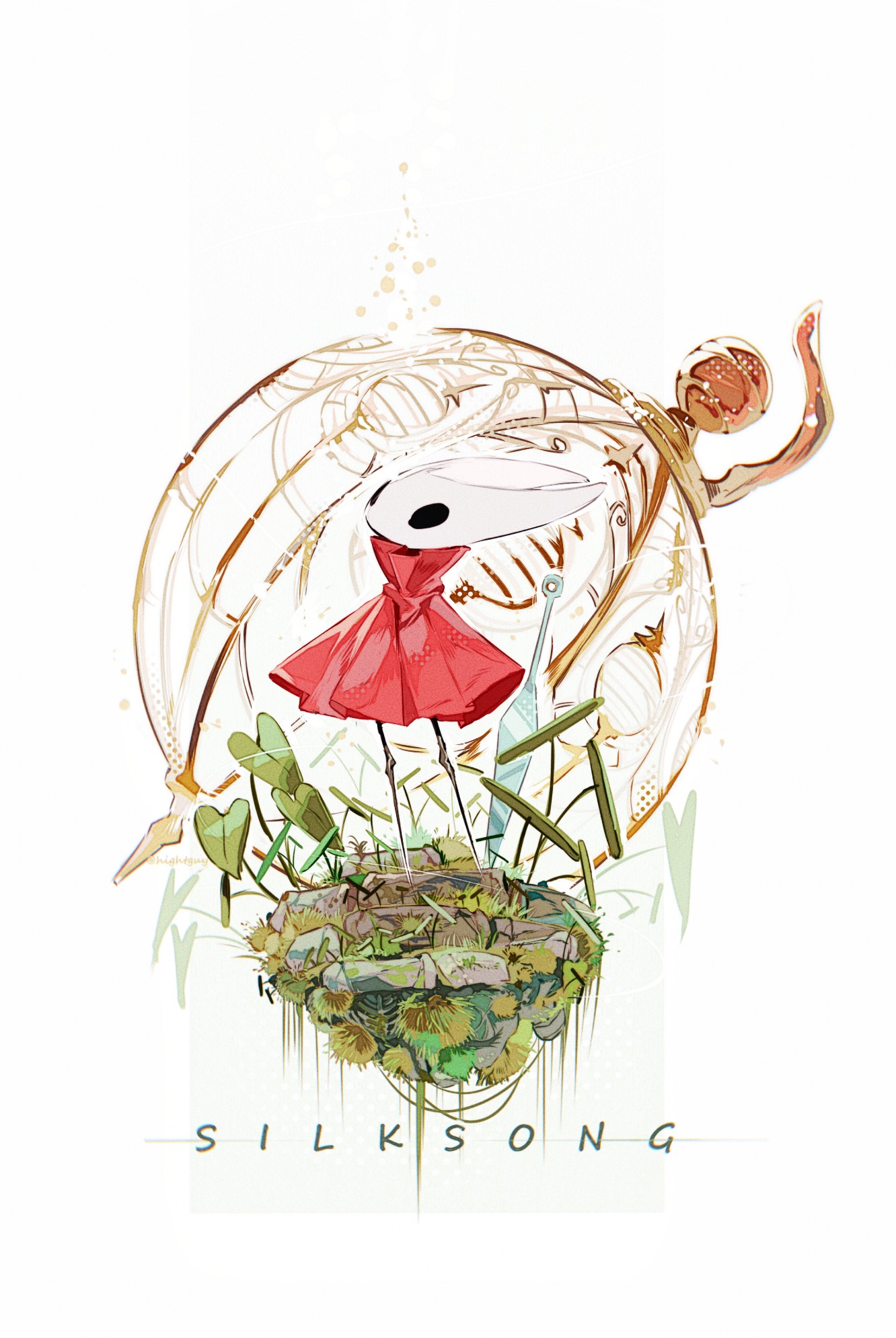 hightguy, hornet (hollow knight), hollow knight, hollow knight: silksong, commentary, english commentary, highres, 1girl, copyright name, dated commentary, film grain, full body, halftone, hollow eyes, horns, leaf, looking up, needle, needle (hollow knight), no mouth, outline, red robe, robe, simple background, solo, standing, white background, white outline