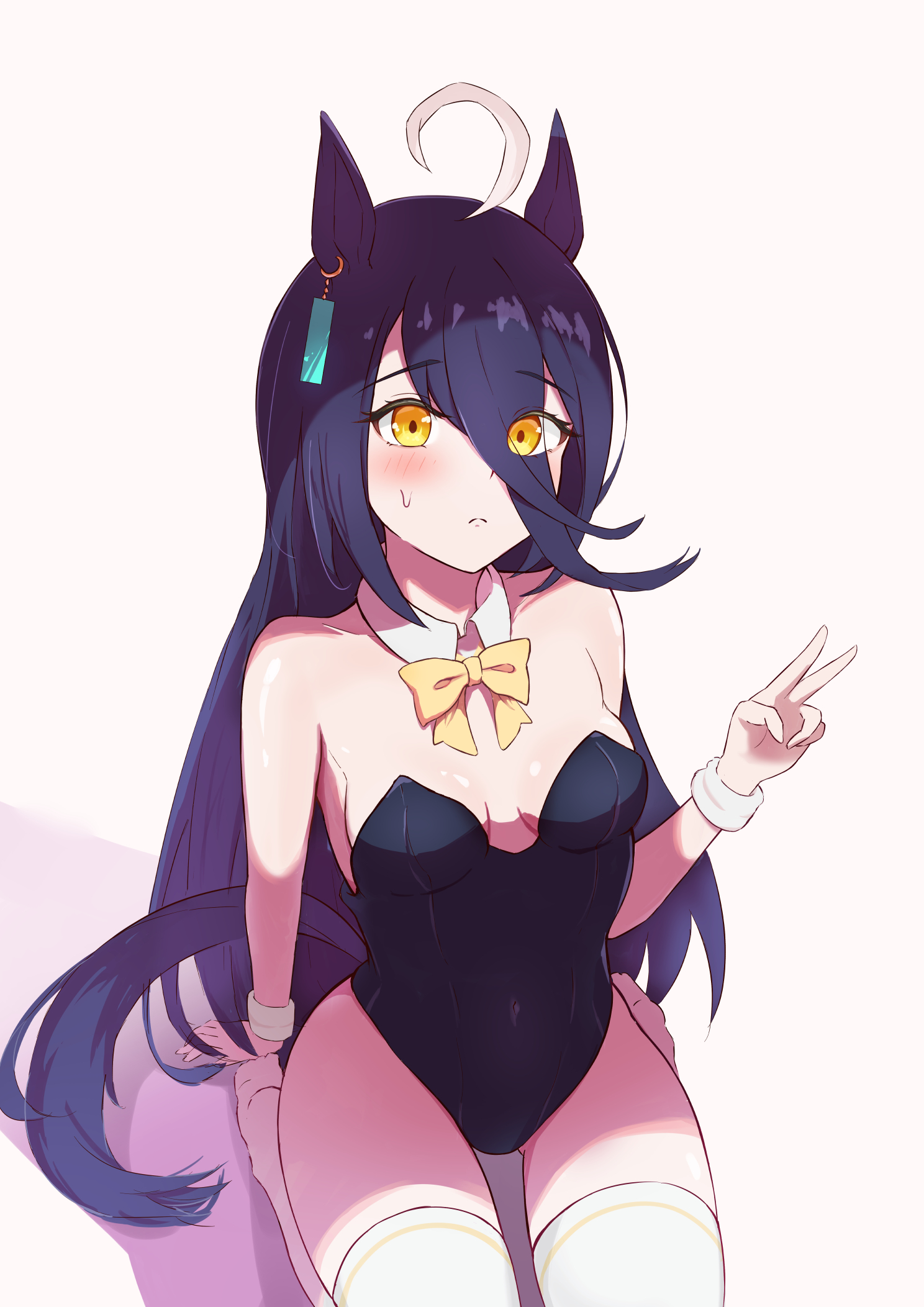 hojichabu, manhattan cafe (umamusume), umamusume, highres, 1girl, ahoge, animal ears, bare shoulders, black hair, black leotard, bow, breasts, cleavage, collarbone, covered navel, detached collar, ear ornament, ear tag, earrings, eyes visible through hair, hair between eyes, hand on ground, hands up, highleg, highleg leotard, horse ears, horse girl, horse tail, jewelry, leotard, long hair, long hair between eyes, multicolored hair, seiza, simple background, single earring, sitting, small breasts, solo, strapless, strapless leotard, tail, very long hair, vest, white background, white hair, wrist cuffs, yellow bow, yellow eyes