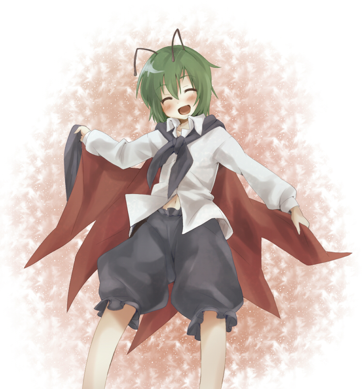 kiji (manekinuko-tei), wriggle nightbug, touhou, 1girl, antennae, arthropod girl, blouse, cape, closed eyes, female focus, gradient background, green hair, navel, orange background, shirt, short hair, smile, solo, white background, white shirt