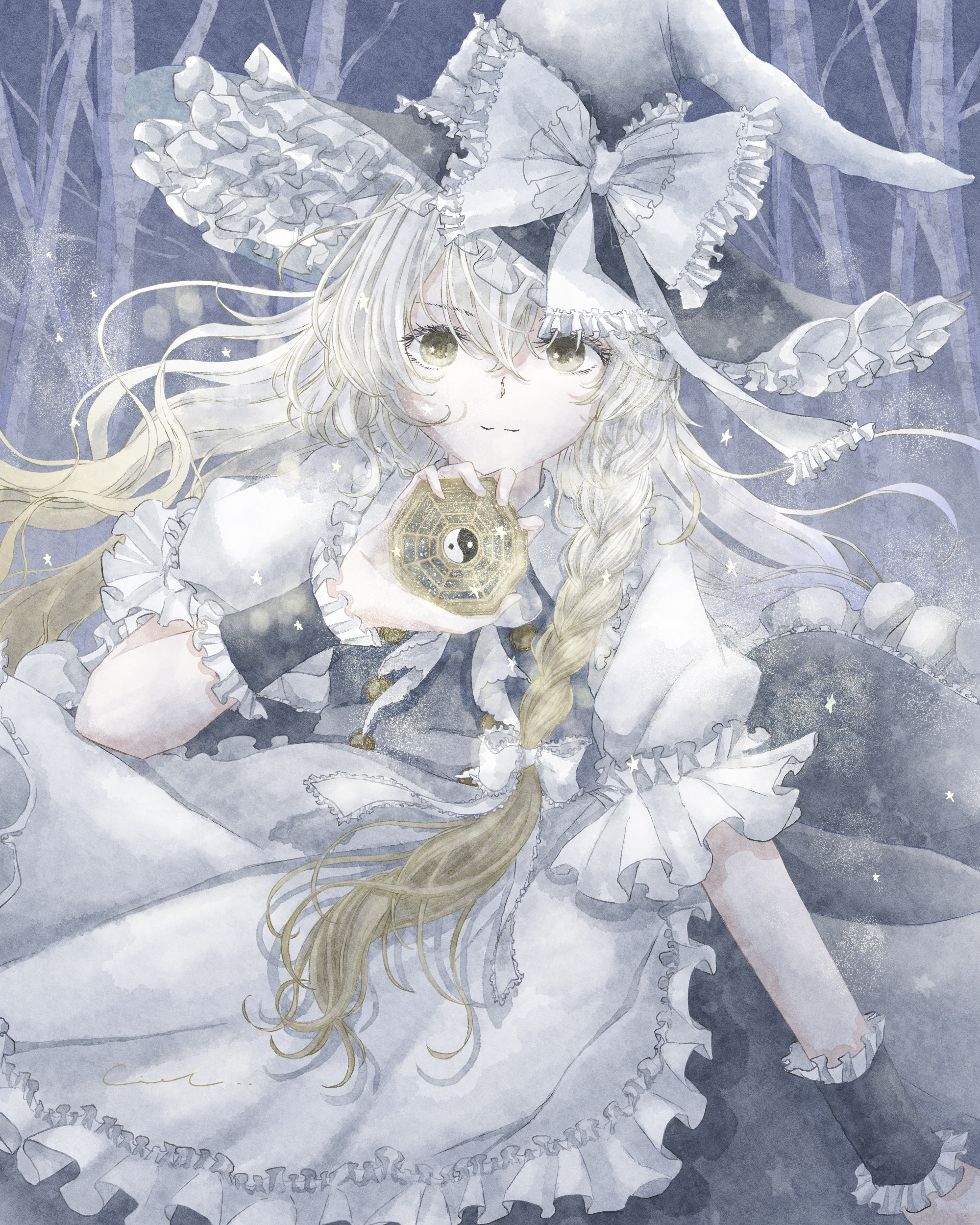 ciel (user nudd7532), kirisame marisa, touhou, absurdres, commentary request, highres, 1girl, :3, apron, black hat, black skirt, black vest, black wrist cuffs, blonde hair, bow, bowtie, braid, collar, cowboy shot, frilled apron, frilled bow, frilled collar, frilled skirt, frilled wrist cuffs, frills, grey background, hair bow, hat, hat bow, holding, holding weapon, long hair, looking at viewer, mini-hakkero, puffy short sleeves, puffy sleeves, shirt, short sleeves, single braid, skirt, solo, split mouth, star (symbol), tree, vest, weapon, white apron, white bow, white bowtie, white shirt, witch hat, wrist cuffs, yellow eyes