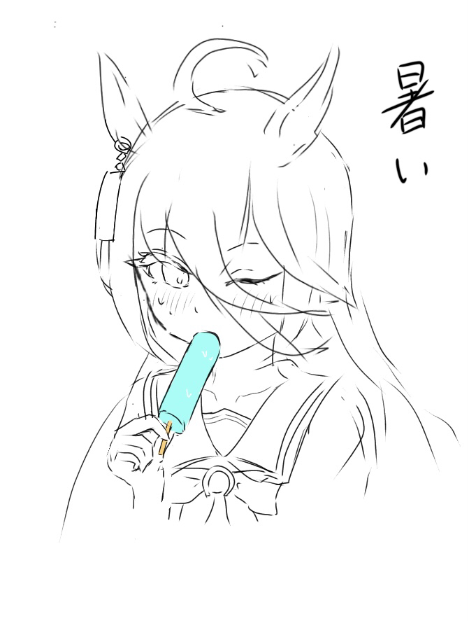 hojichabu, manhattan cafe (umamusume), umamusume, 1girl, ahoge, animal ears, bow, bowtie, ear ornament, ear tag, earrings, food, food in mouth, hair between eyes, holding, holding food, holding popsicle, horse ears, horse girl, jewelry, long bangs, long hair, long hair between eyes, one eye closed, popsicle, popsicle in mouth, sailor collar, school uniform, simple background, single earring, sketch, solo, spot color, sweatdrop, tracen school uniform, very long hair, white background