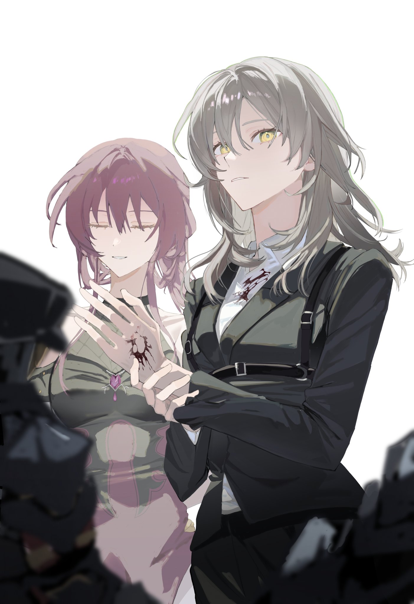 dhkqpt, kafka (honkai: star rail), stelle (honkai: star rail), trailblazer (honkai: star rail), honkai: star rail, honkai (series), highres, 2girls, 2others, alternate costume, bare shoulders, belt, black belt, black dress, black hat, black jacket, black pants, blood, blood on clothes, blood on hands, blurry, blurry foreground, breasts, closed eyes, collarbone, collared shirt, covered collarbone, death, dress, gem, gloves, grey hair, hair between eyes, hands up, hat, heart-shaped gem, jacket, lapels, large breasts, long hair, long sleeves, looking at viewer, low ponytail, medium breasts, multiple girls, multiple others, murder, pants, ponytail, purple gemstone, purple hair, shirt, sidelocks, simple background, sleeveless, sleeveless dress, standing, teeth, white background, white gloves, white shirt, yellow eyes