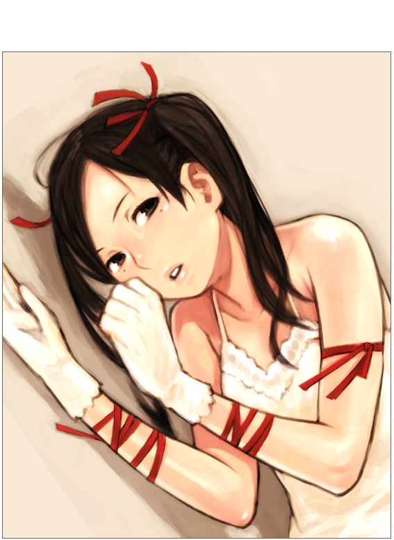 shiohara shin'ichi, 1girl, brown eyes, brown hair, camisole, female focus, gloves, long hair, lying, mole, mole under eye, parted lips, solo, twintails