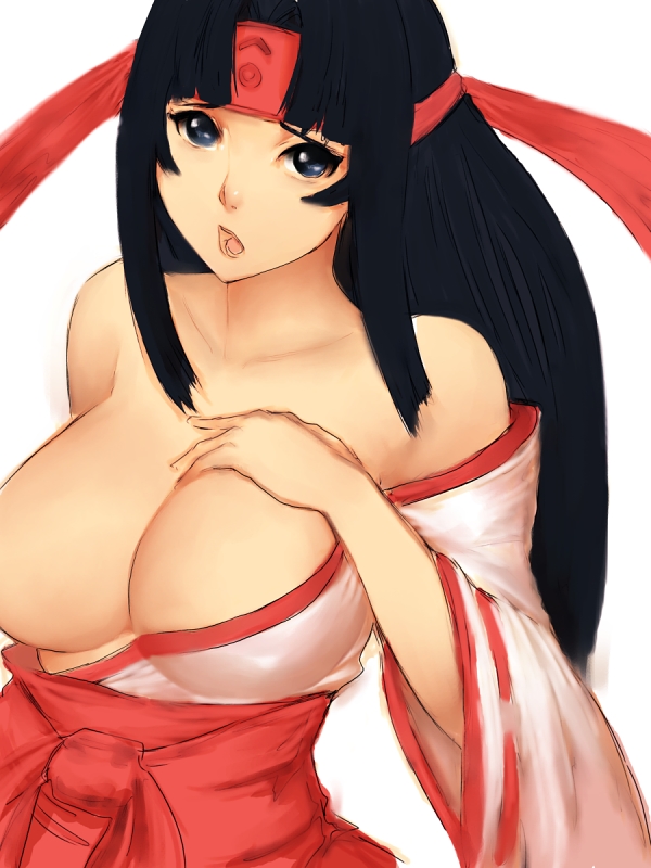 fumio (rsqkr), musha miko tomoe, tomoe (queen's blade), queen's blade, 00s, 1girl, black hair, blue eyes, breast slip, breasts, cleavage, female focus, headband, huge breasts, japanese clothes, long hair, solo