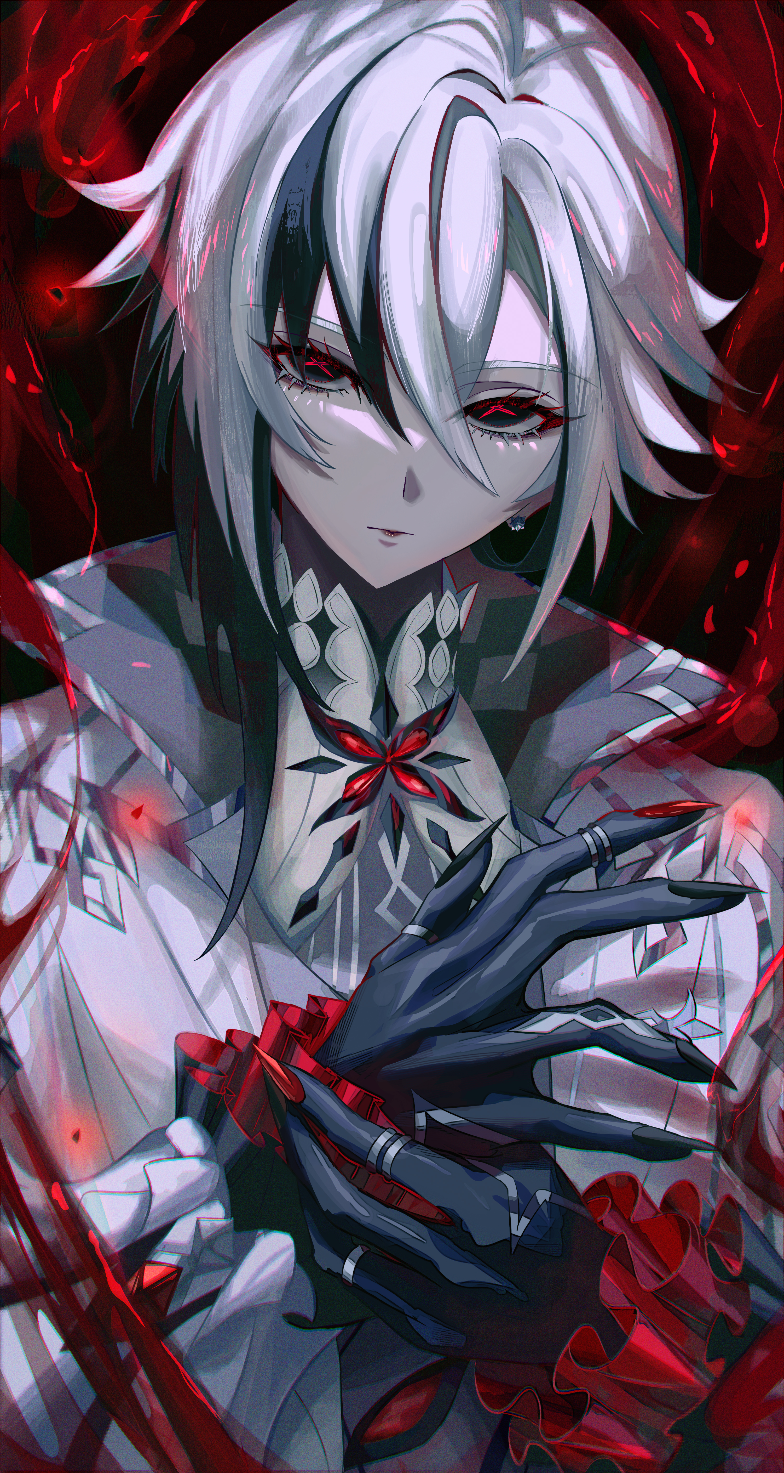 aster (teslavision), arlecchino (genshin impact), genshin impact, absurdres, highres, 1girl, black eyes, black gloves, black hair, coat, earrings, fingernails, gloves, hair between eyes, jewelry, long hair, long sleeves, looking at viewer, multicolored hair, nails visible through gloves, red pupils, ring, sharp fingernails, solo, streaked hair, symbol-shaped pupils, two-tone hair, white hair, x-shaped pupils