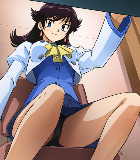 haruyama kazunori, tokiwa natsuko, zettai karen children, 00s, 1girl, blue eyes, brown hair, earrings, female focus, from below, jewelry, legs, long hair, panties, pantyshot, sitting, solo, thighhighs, underwear, upskirt