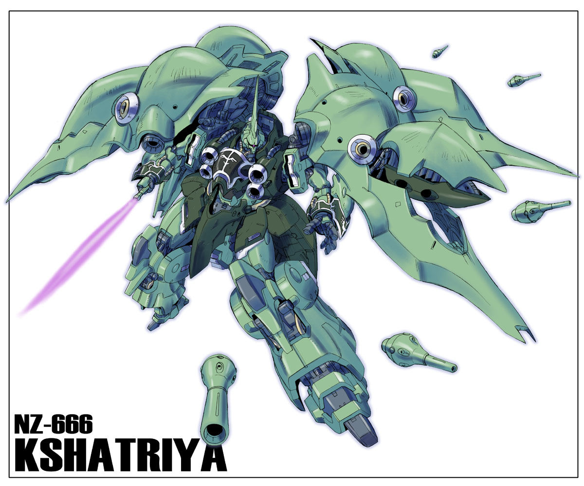 s.shimizu, kshatriya, gundam, gundam unicorn, commentary, beam cannon, cable, character name, chest cannon, energy sword, funnels (gundam), machinery, mecha, mecha focus, mobile suit, neo zeon, no humans, one-eyed, robot, science fiction, sword, weapon, white background