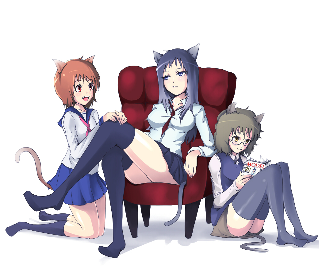 kasai shin, original, bad id, bad pixiv id, 3girls, animal ears, blue eyes, book, brown eyes, brown hair, cat ears, cat tail, crossed legs, glasses, grey hair, legs, long hair, multiple girls, open book, reading, red eyes, school uniform, short hair, sitting, socks, tail, thighhighs, zettai ryouiki