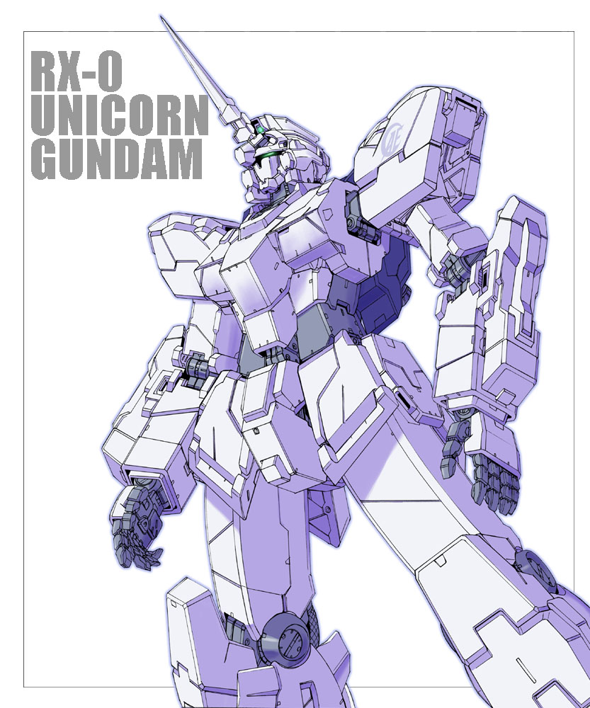 s.shimizu, unicorn gundam, gundam, gundam unicorn, commentary, anaheim electronics, character name, emblem, green visor, logo, machinery, mecha, mecha focus, mobile suit, no humans, robot, roundel, science fiction, white background