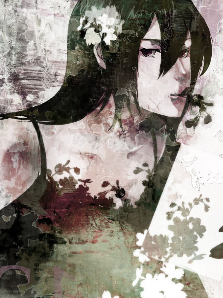 chronica, sound horizon, 1girl, black dress, black hair, blood, blood splatter, breasts, cleavage, collarbone, dress, female focus, long hair, looking at viewer, sleeveless, sleeveless dress, small breasts, solo, upper body