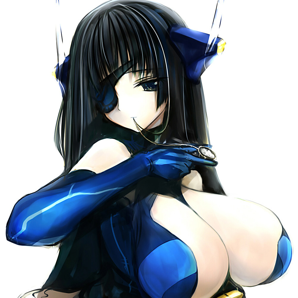pupps, original, 1girl, black hair, blue eyes, breasts, cleavage, elbow gloves, eyepatch, female focus, gloves, hair in own mouth, huge breasts, long hair, robot ears, solo, upper body