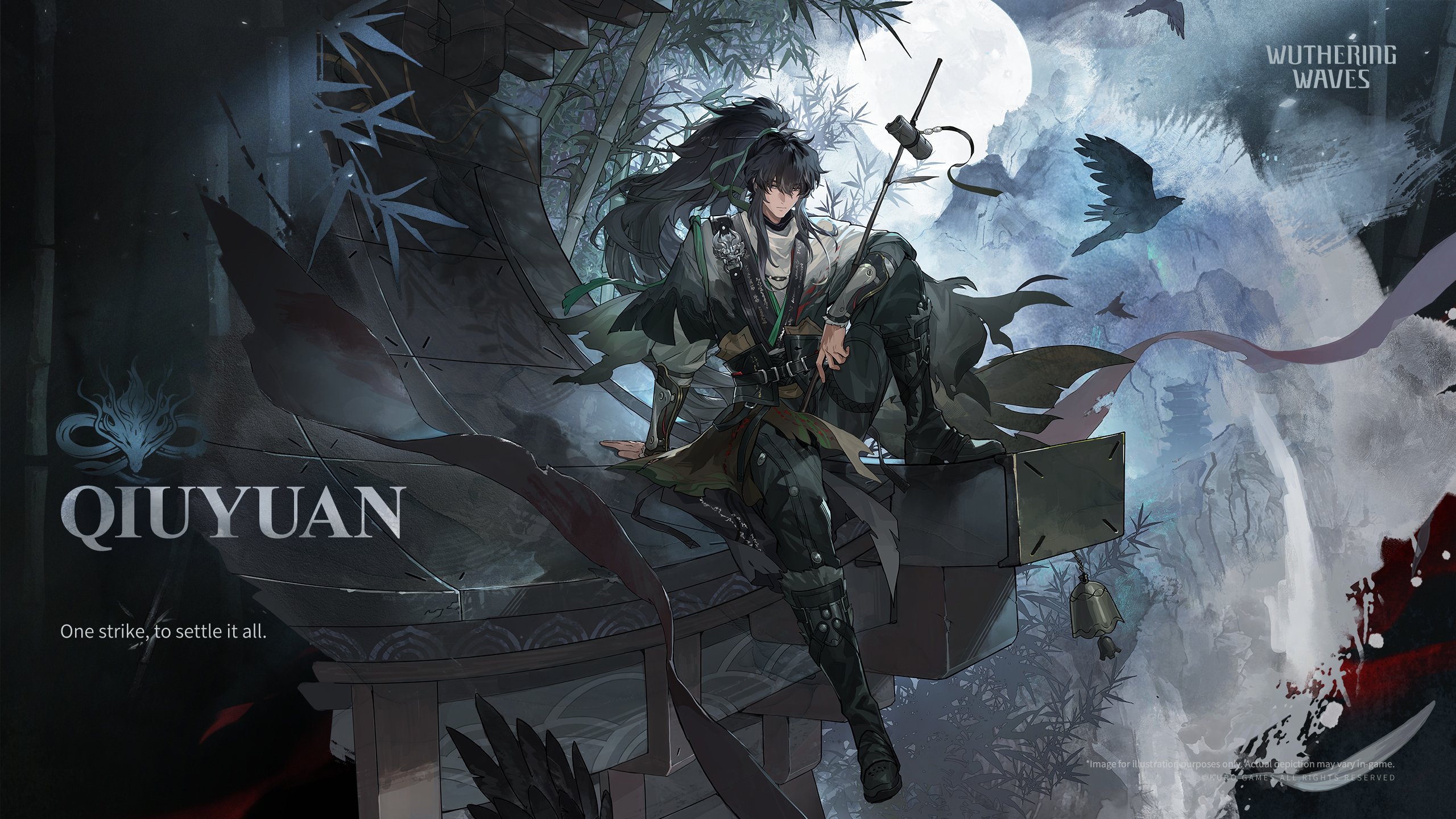 qiuyuan (wuthering waves), wuthering waves, commentary, english commentary, highres, official art, 1boy, arm armor, bird, black boots, black eyes, black hair, black pants, boots, character name, chinese clothes, closed mouth, crow, english text, full body, green ribbon, hair between eyes, hair ribbon, knee up, logo, long hair, looking at viewer, male focus, pants, ponytail, ribbon, shirt, sitting, solo, white shirt