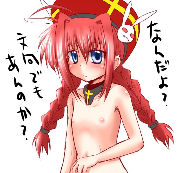 misana, vita (nanoha), lyrical nanoha, mahou shoujo lyrical nanoha, mahou shoujo lyrical nanoha a's, 00s, 1girl, ahoge, antenna hair, blue eyes, blush, braid, female focus, flat chest, hair ornament, hat, loli, long hair, navel, nipples, nude, rabbit hair ornament, red hair, simple background, solo, twin braids, white background