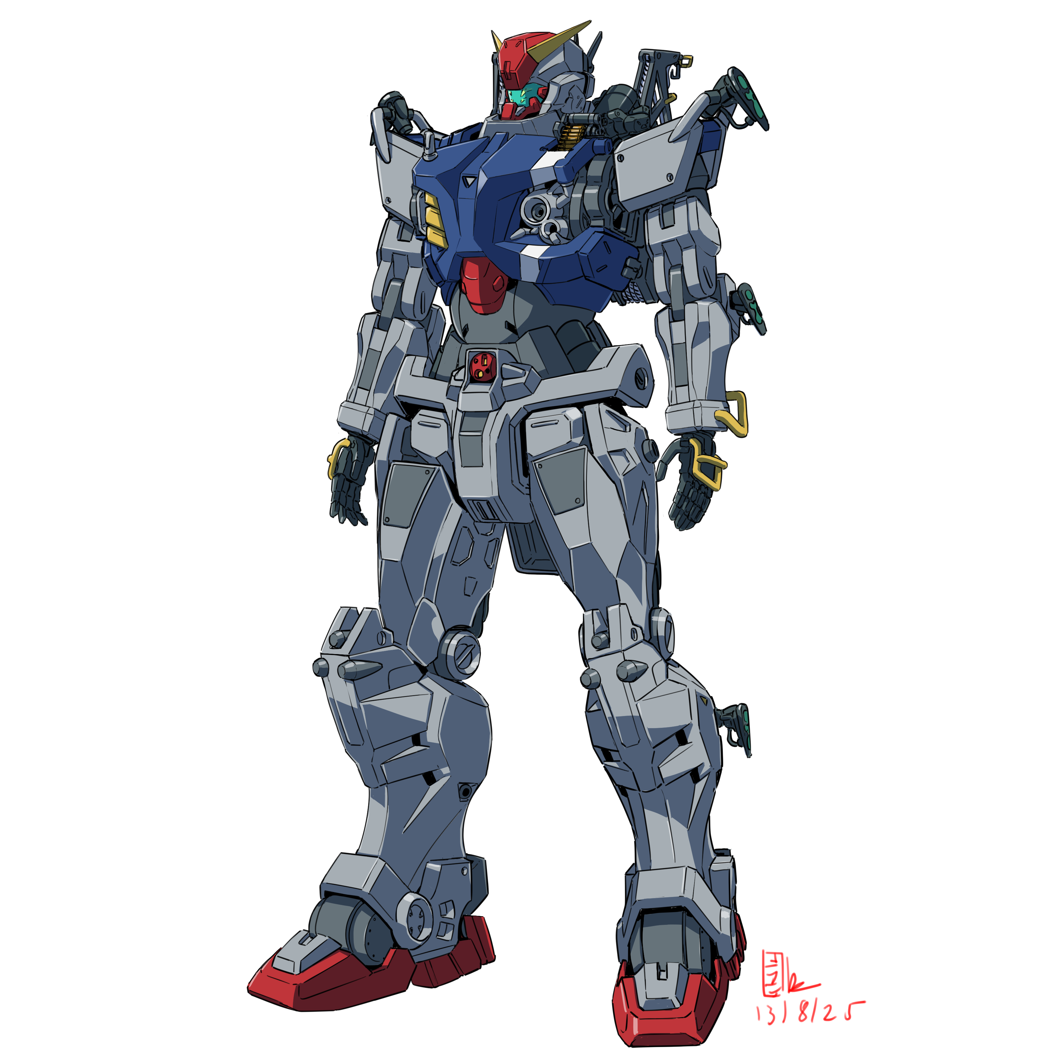 pravin rao santheran, ground gundam, gundam, gundam 08th ms team, gundam gquuuuuux, original, absurdres, commentary, english commentary, highres, 2025, cable, cannon, chest cannon, colored lineart, crossover, dated, earth federation, green visor, gun, machine gun, machinery, mecha, mecha focus, mobile suit, no humans, redesign, robot, science fiction, signature, v-fin, weapon, white background, yamashita ikuto (style)