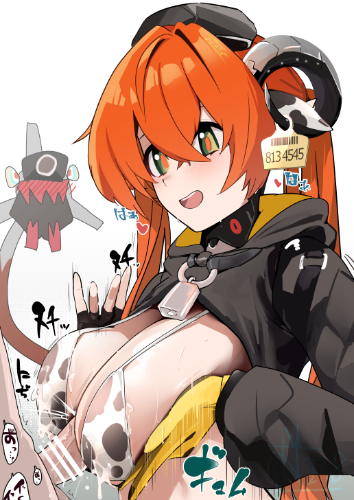oza osuwari, magus (zenless zone zero), orphie magnusson, zenless zone zero, 1boy, 1girl, animal ears, animal print, bell, beret, bikini, black hat, black shrug, blush, breasts, breasts squeezed together, censored, cleavage, cow ears, cow print, cow print bikini, cum, cum on body, cum on breasts, cum on upper body, curled horns, gloves, green eyes, hat, hetero, horns, large breasts, long hair, long sleeves, mechanical tail, neck bell, o-ring, open mouth, paizuri, penis, print bikini, red hair, shrug (clothing), smile, swimsuit, tail, twintails, white bikini, yellow gloves