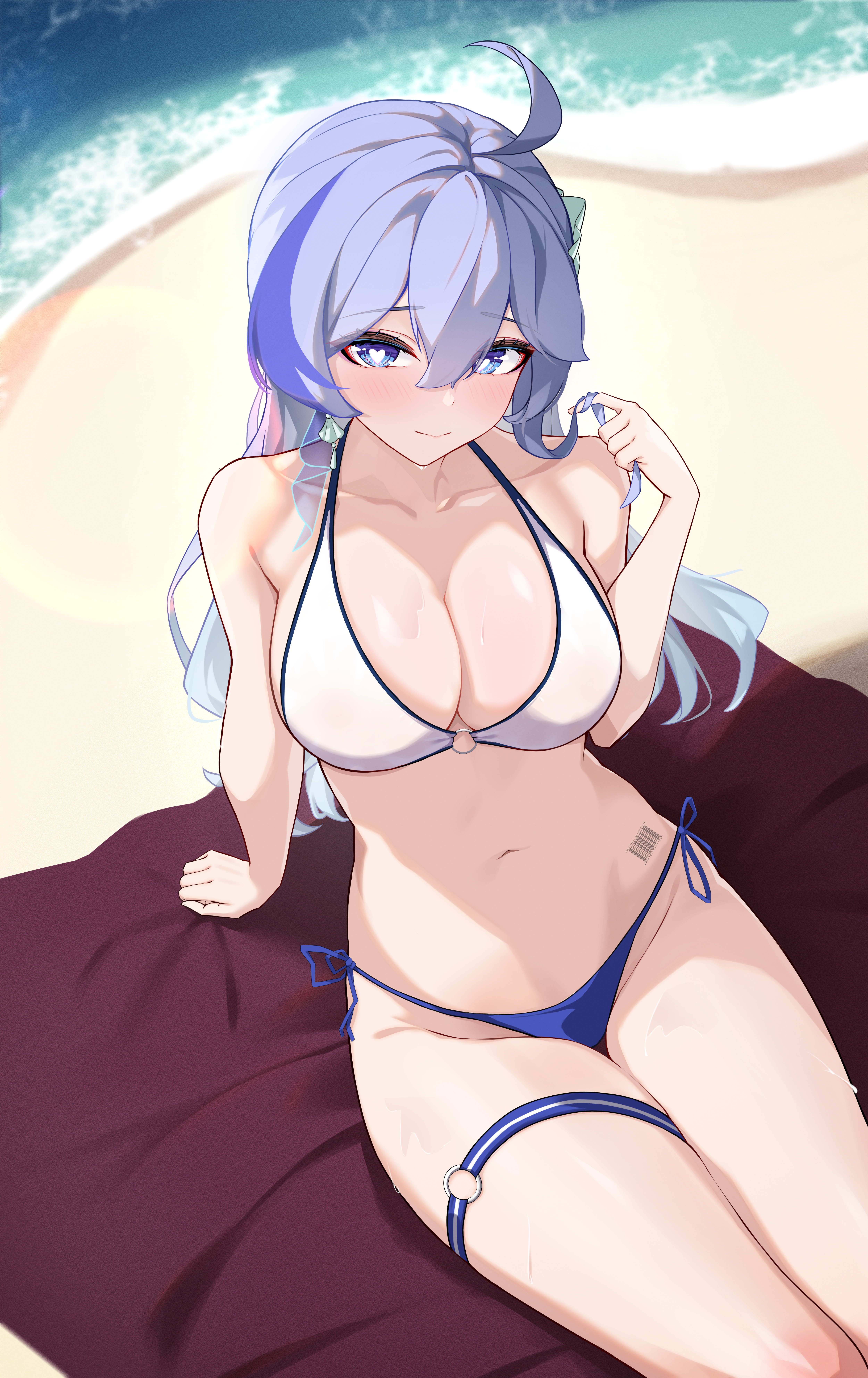 uncle dash, kanami (strinova), strinova, absurdres, highres, 1girl, ahoge, armpit crease, beach, bikini, blonde hair, blue bikini, blue eyes, blush, breasts, cleavage, collarbone, earrings, hair between eyes, hair ornament, halterneck, heart, heart-shaped pupils, jewelry, large breasts, long hair, looking at viewer, multicolored hair, navel, o-ring, o-ring bikini, ocean, on floor, outdoors, playing with own hair, side-tie bikini bottom, sweat, sweatdrop, swimsuit, symbol-shaped pupils, thick thighs, thigh strap, thighs, water, white bikini, white hair