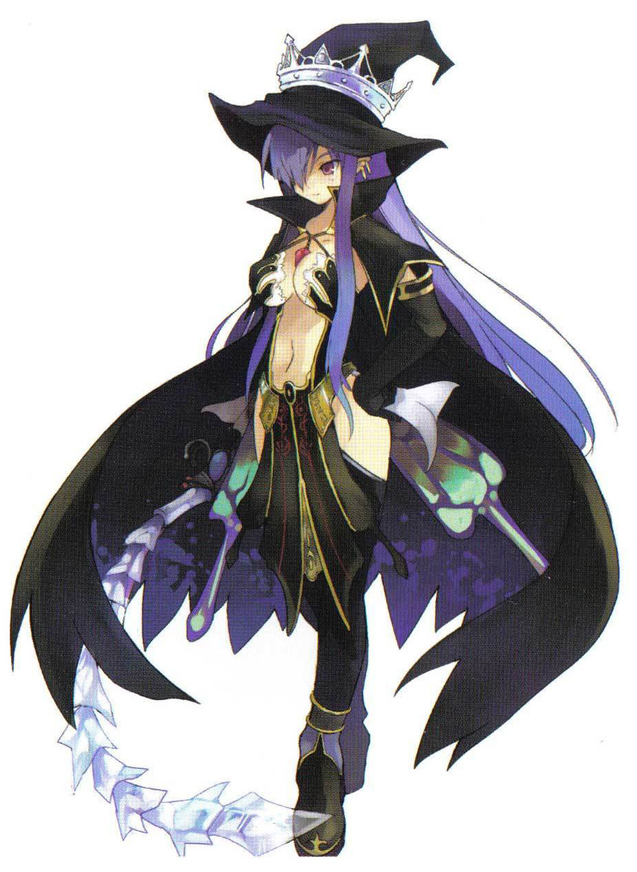 shibano kaito, fatima, luminous arc, luminous arc 2, highres, 1girl, blue hair, breasts, cleavage, crown, elbow gloves, female focus, gloves, hair over one eye, hat, medium breasts, midriff, moire, purple eyes, solo, thighhighs, white crown, witch hat