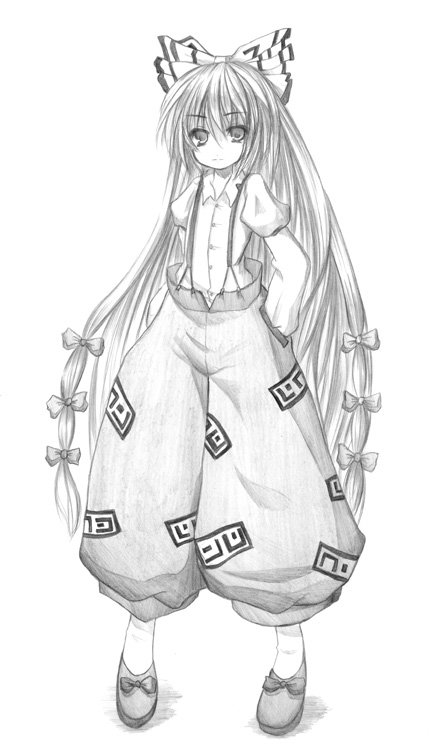 kurona, fujiwara no mokou, touhou, 1girl, female focus, full body, greyscale, hair ribbon, long hair, monochrome, ribbon, solo, suspenders, white background