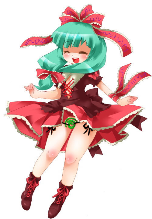 michii yuuki, kagiyama hina, touhou, 1girl, female focus, front ponytail, green hair, long hair, ribbon, solo