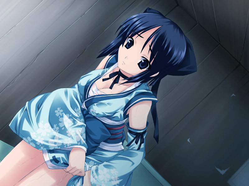 souryuu (double dragon), miimori chinatsu, ninkyou hana otome, game cg, 1girl, blue eyes, blue hair, bottomless, detached sleeves, female focus, japanese clothes, kimono, matching hair/eyes, solo