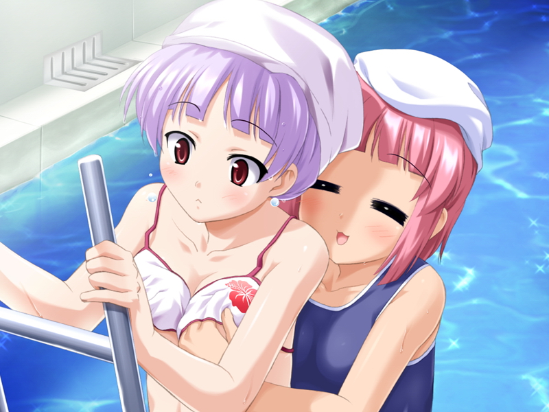 souryuu (double dragon), eimyouji touma, takada aki, ninkyou hana otome, game cg, 2girls, bikini, blush, breasts, grabbing another's breast, groping, multiple girls, pink hair, pool, purple hair, red eyes, small breasts, swimsuit, yuri