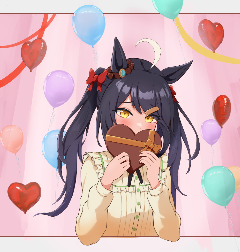 hojichabu, manhattan cafe (umamusume), umamusume, 1girl, ahoge, alternate hairstyle, animal ears, balloon, black hair, black ribbon, blush, bow, box, covering own mouth, ear ornament, embarrassed, frilled shirt collar, frills, furrowed brow, gift, gift box, hair bow, hair ornament, hairclip, hands up, heart-shaped box, heart balloon, holding, holding box, holding gift, horse ears, horse girl, long hair, long sleeves, multicolored hair, neck ribbon, red bow, ribbon, shirt, shy, solo, valentine, white hair, yellow eyes, yellow shirt