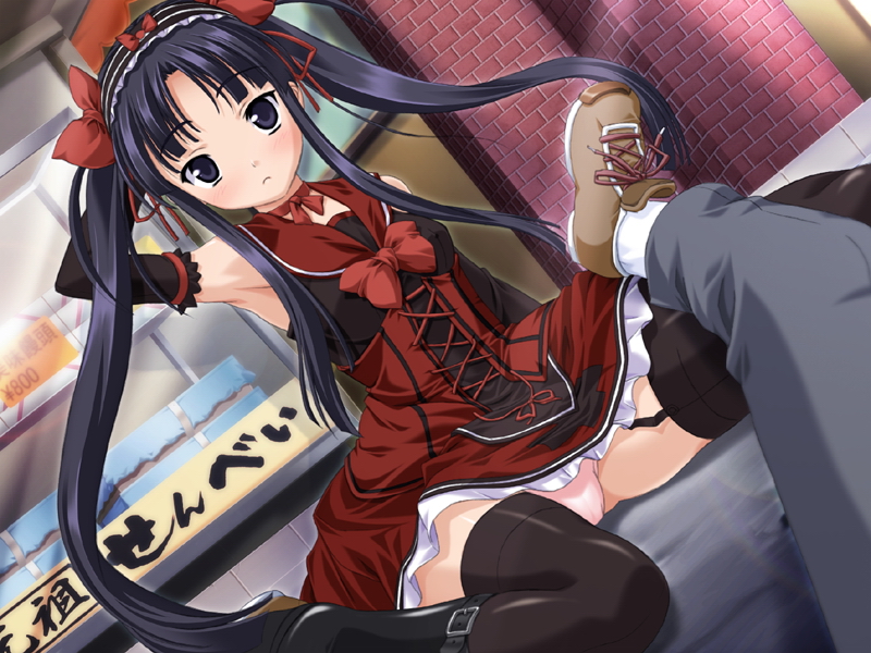 souryuu (double dragon), ooshio natsumi, ninkyou hana otome, game cg, 1girl, armpits, black thighhighs, blush, dress, elbow gloves, female focus, garter belt, gloves, panties, pantyshot, red dress, red skirt, ribbon, sitting, skirt, solo, thighhighs, twintails, underwear, upskirt