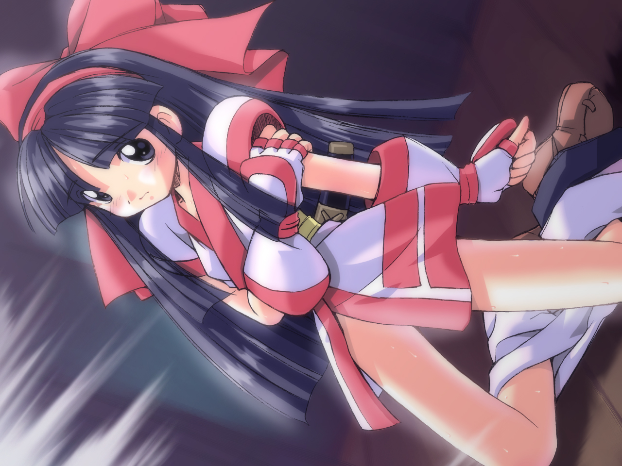 shikkoku, nakoruru, samurai spirits, 1girl, bow, female focus, gloves, japanese clothes, kimono, red bow, ribbon, solo