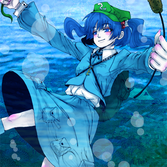 a.torii, kawashiro nitori, touhou, 1girl, bag, blue hair, cattail, female focus, hair bobbles, hair ornament, hat, key, plant, short hair, solo, twintails, two side up
